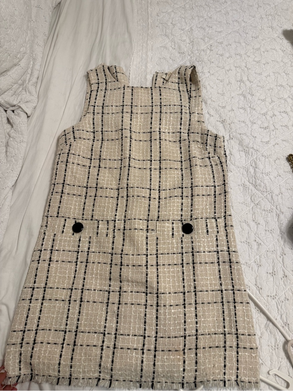 Sleeveless Beige Plaid Tweed Shift Dress with Button Accents